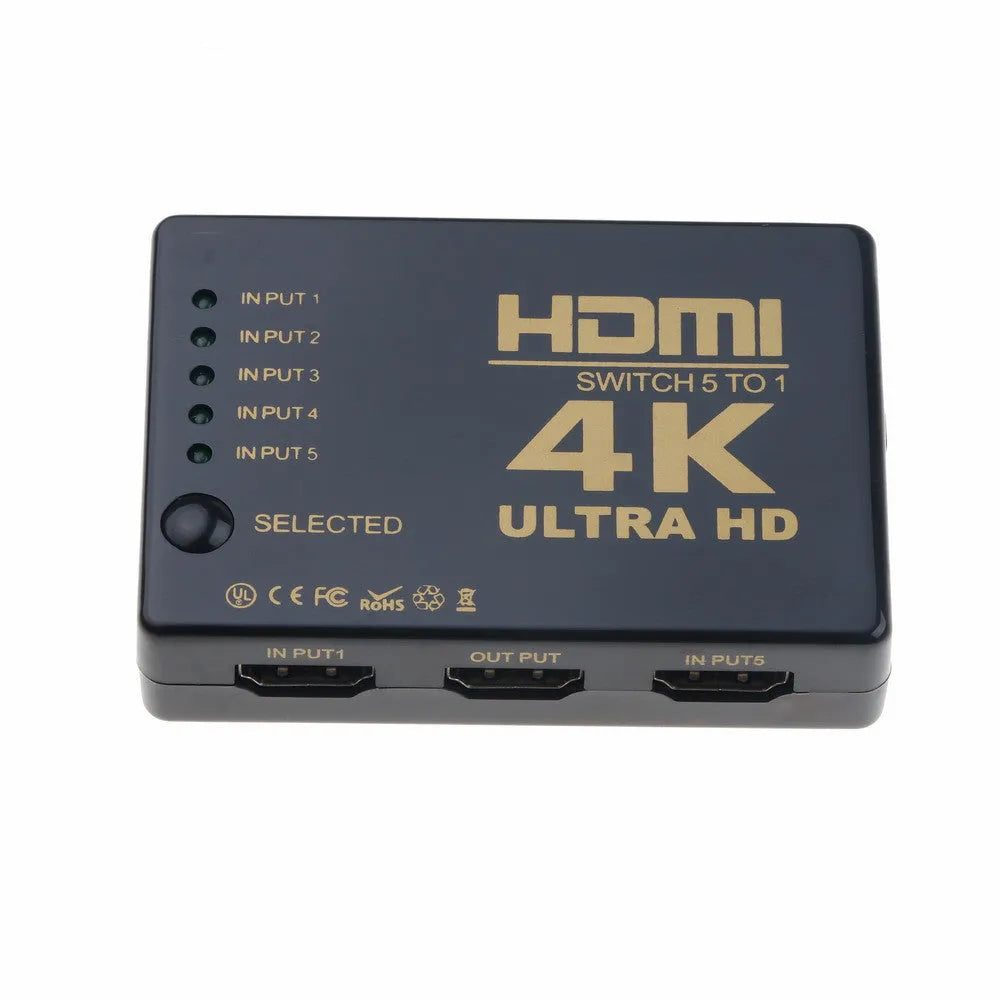 Black 5 in 1 out HDMI switcher with remote control and infrared cable