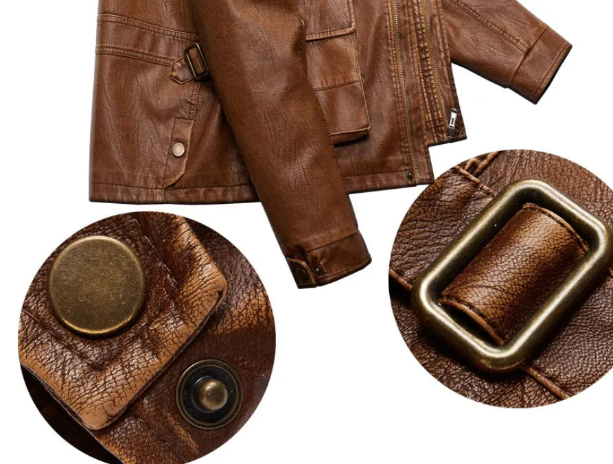 Men's PU leather jacket with plus velvet lining in khaki colour