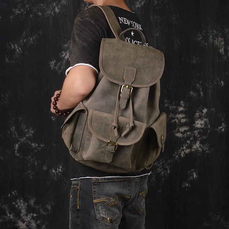 Men's retro leather drawstring backpack, 20L first layer cowhide, 30cm x 15cm x 40cm, Black Dark Brown Retro Brown