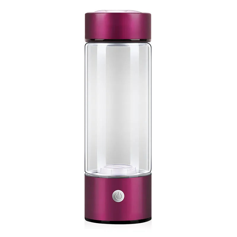Silver hydrogen water bottle with electric generator, borosilicate glass cylinder.