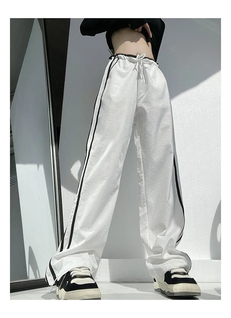 Women's ribbon parallel bars contrast colour loose straight draping trousers in white or navy blue