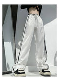 Women's ribbon parallel bars contrast colour loose straight draping trousers in white or navy blue