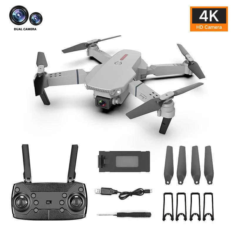 Grey foldable 4K dual camera aerial drone with remote control