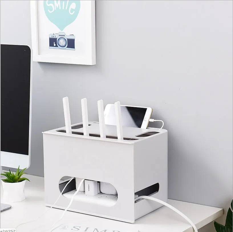 Gray and white plastic wireless router storage box for concealing network equipment and cables
