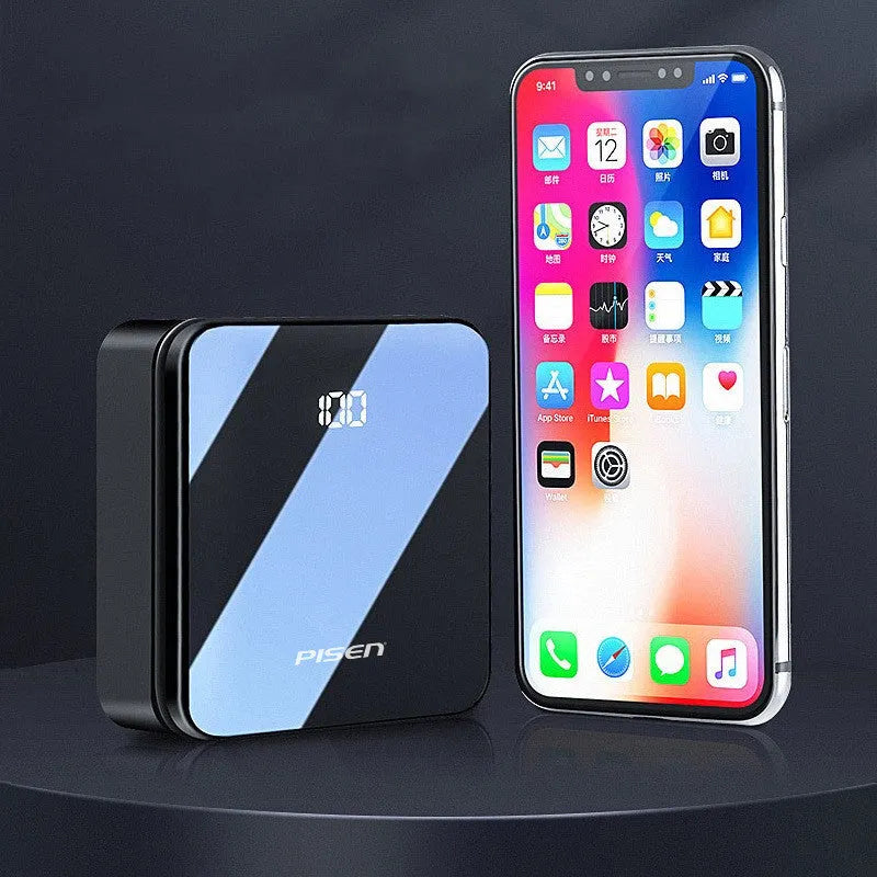 Mini 20000mAh black power bank with integrated cable and LCD screen display on a white background