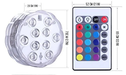 IP68 waterproof LED remote control diving light with 16 colour modes placed in a glass vase of water