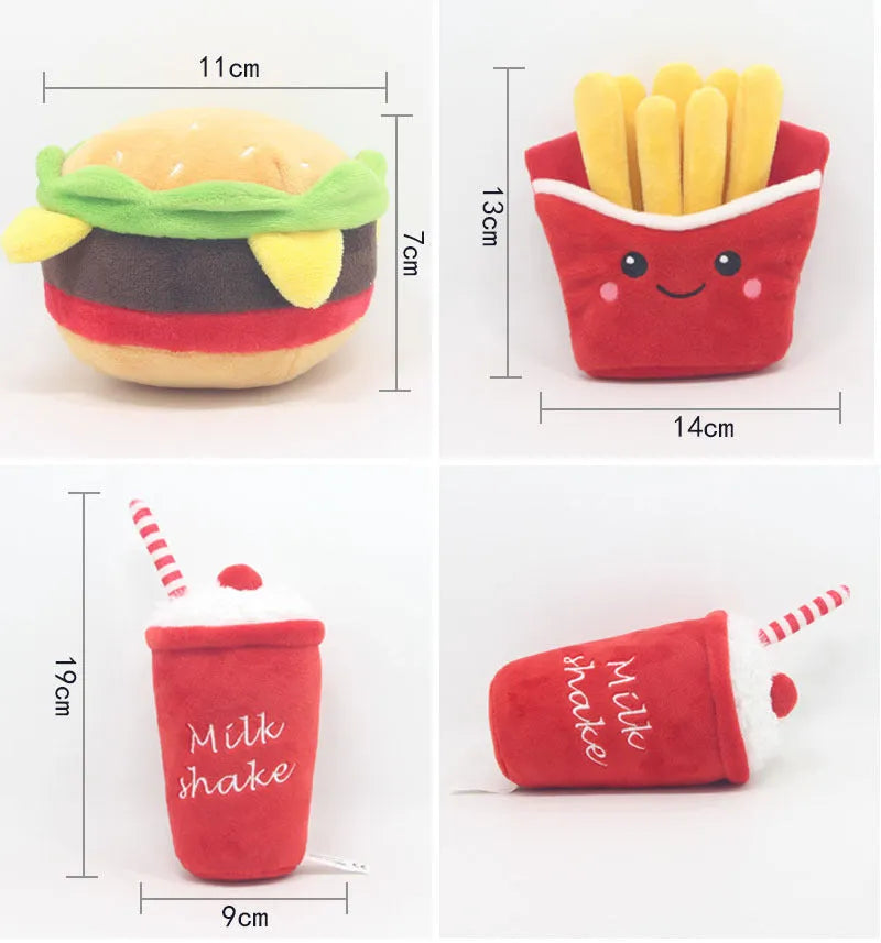 Set of three plush pet toys shaped like a hamburger, french fries, and a milkshake cup on a white background.