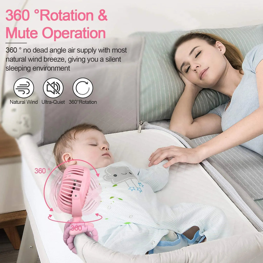 Pink USB rechargeable octopus stroller fan with flexible legs attached to a baby pushchair