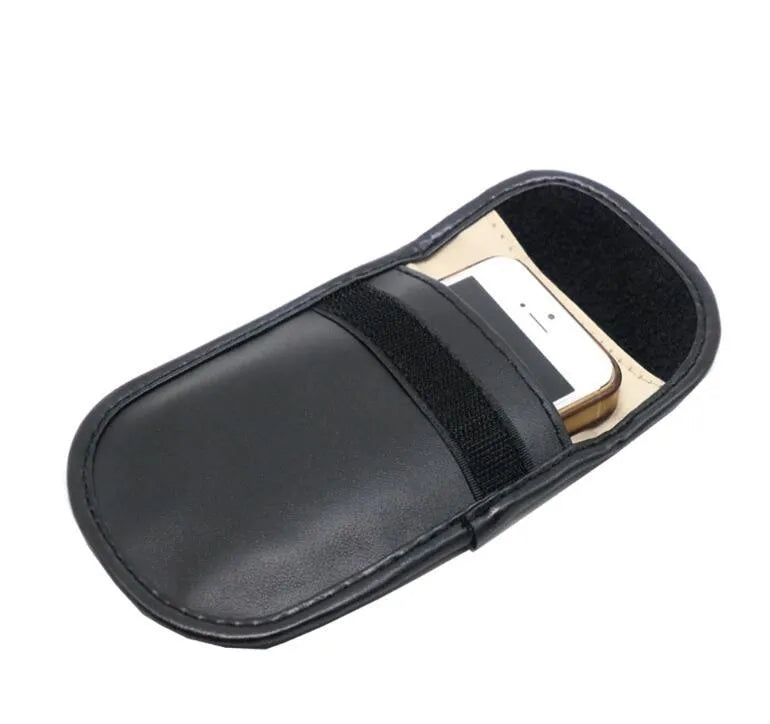 Black microfiber RFID shielding bag for car keys and credit cards, shown with dimensions.