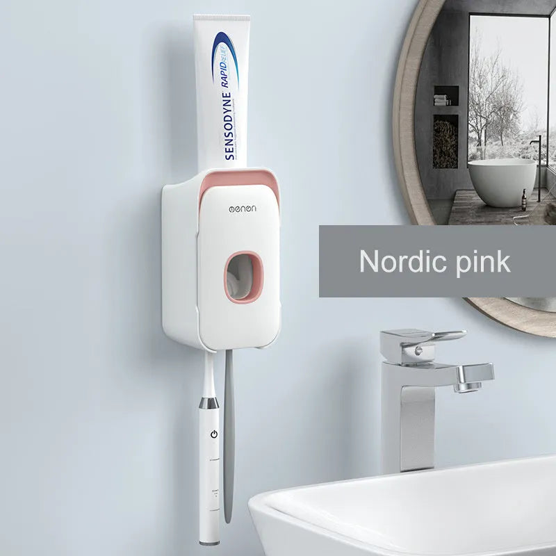 Automatic toothpaste dispenser mounted on bathroom wall in blue colour with touchless sensor