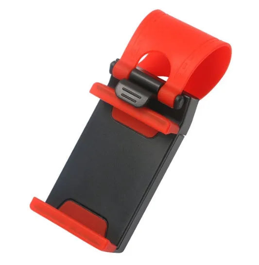 Black universal car steering wheel clip mount holder for mobile phones and GPS units.