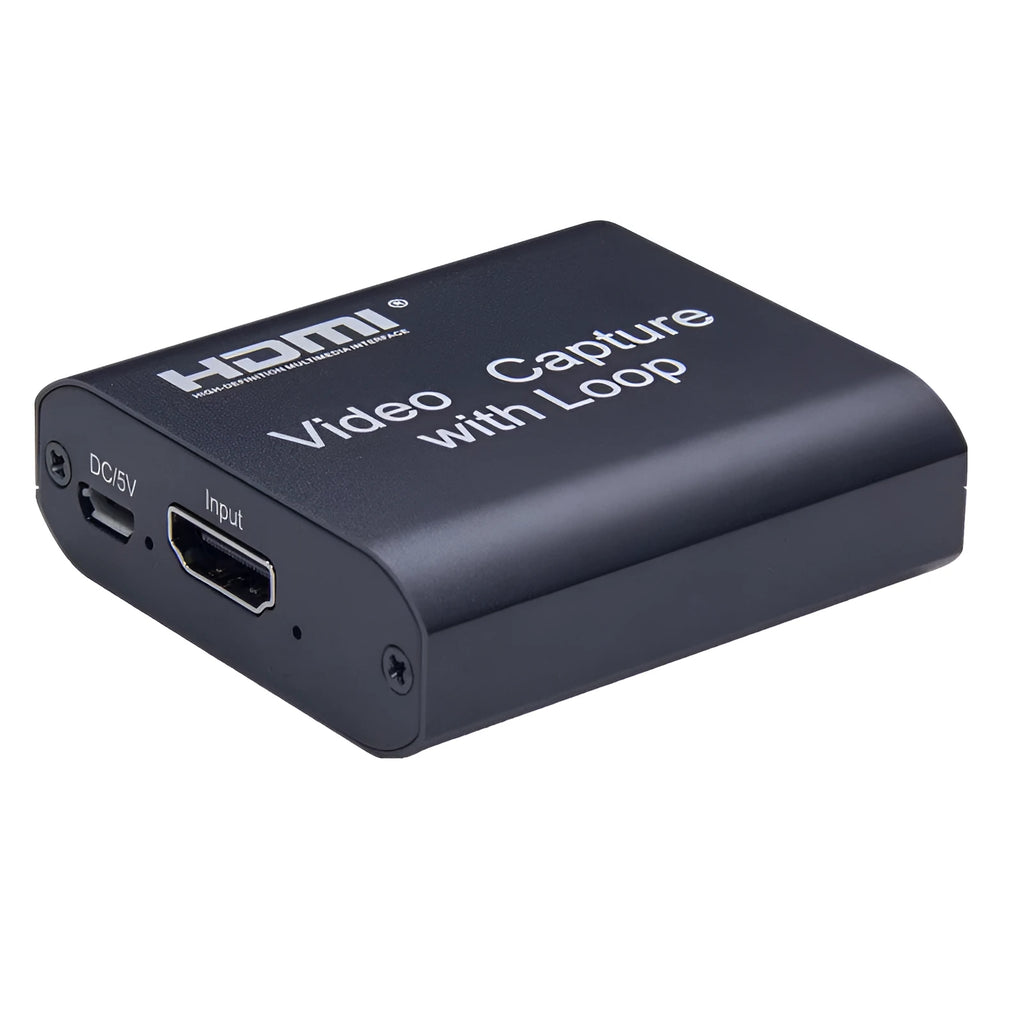 Black HDMI 4K video capture card with USB interface and loop out port