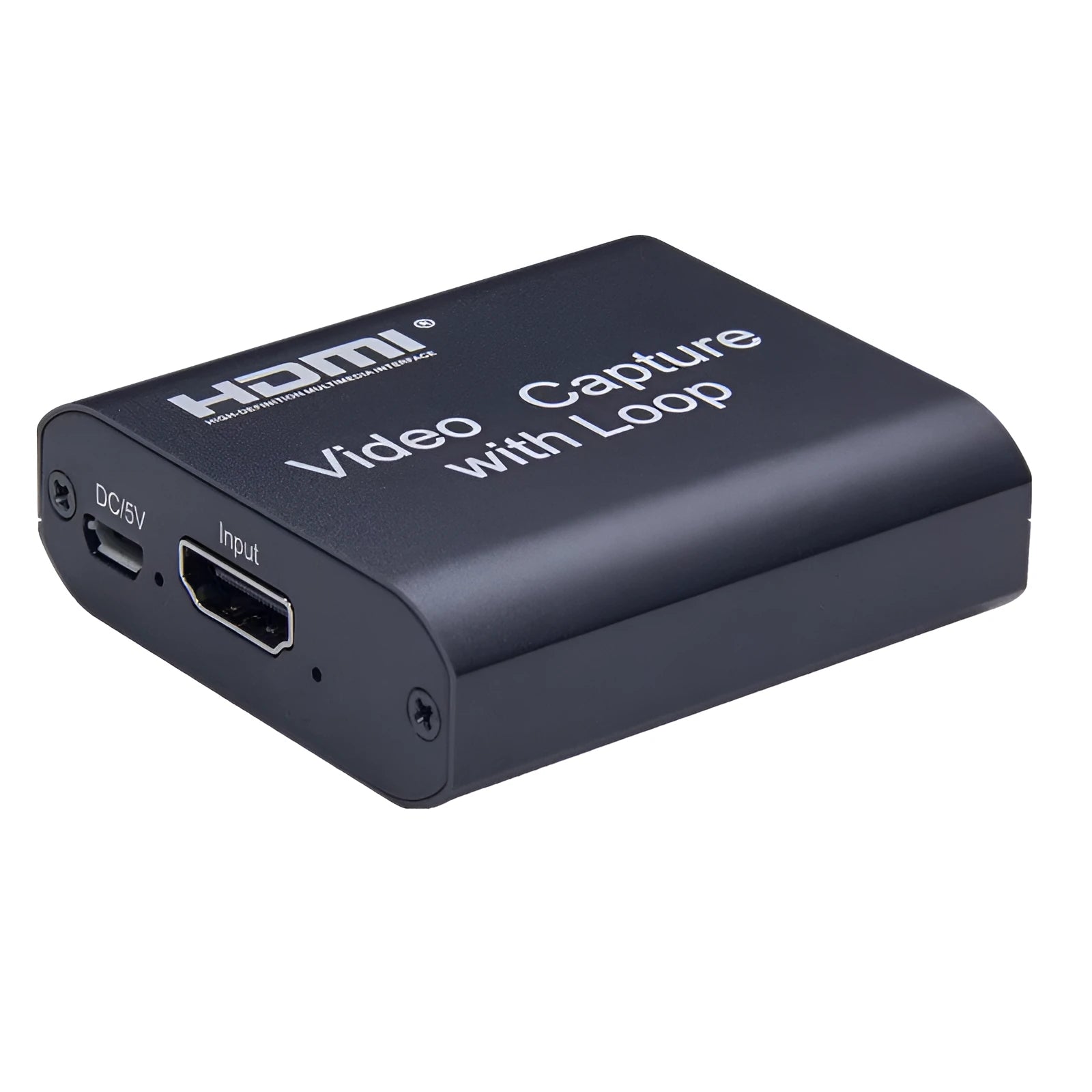 Black HDMI 4K video capture card with USB interface and loop out port