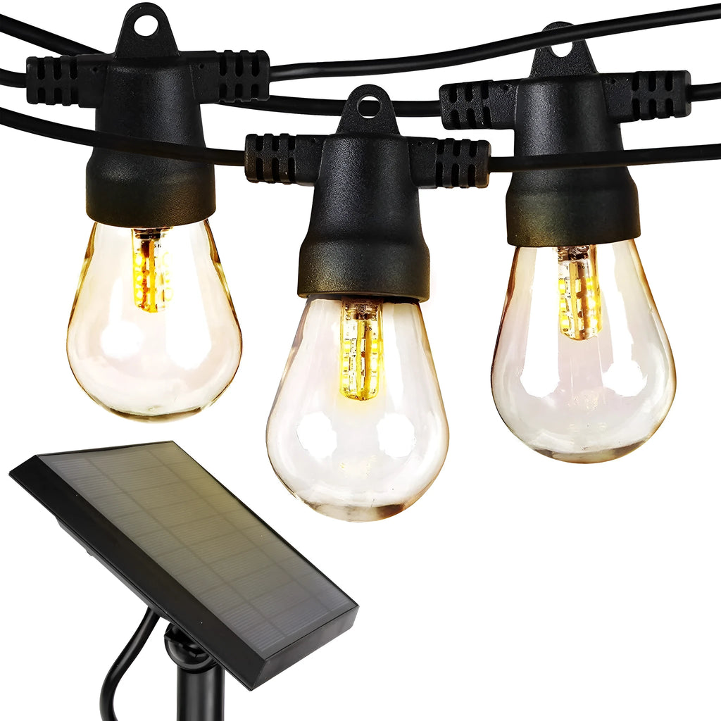 Waterproof outdoor solar string lights with LED bulbs and integrated solar panel for garden illumination