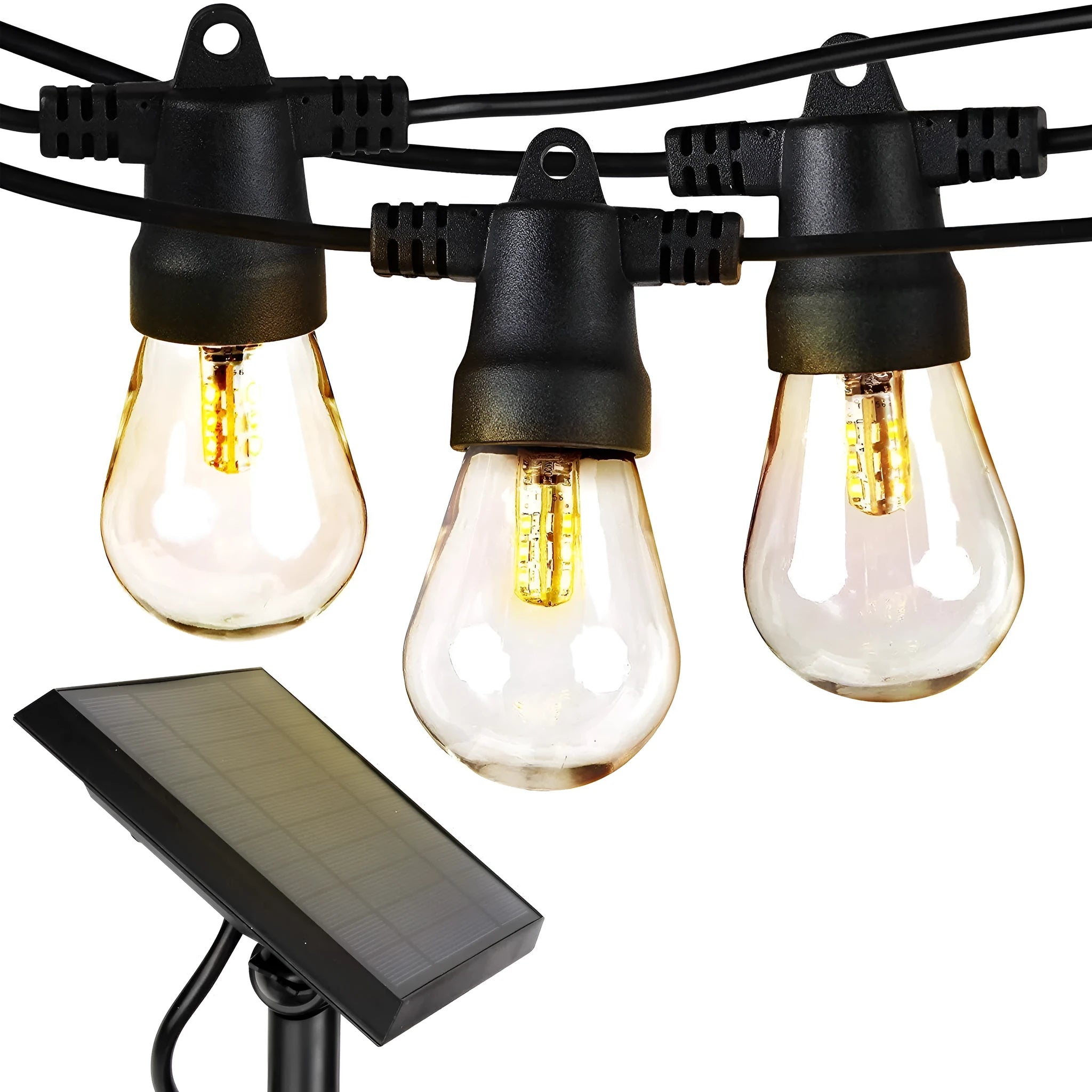 Waterproof outdoor solar string lights with LED bulbs and integrated solar panel for garden illumination