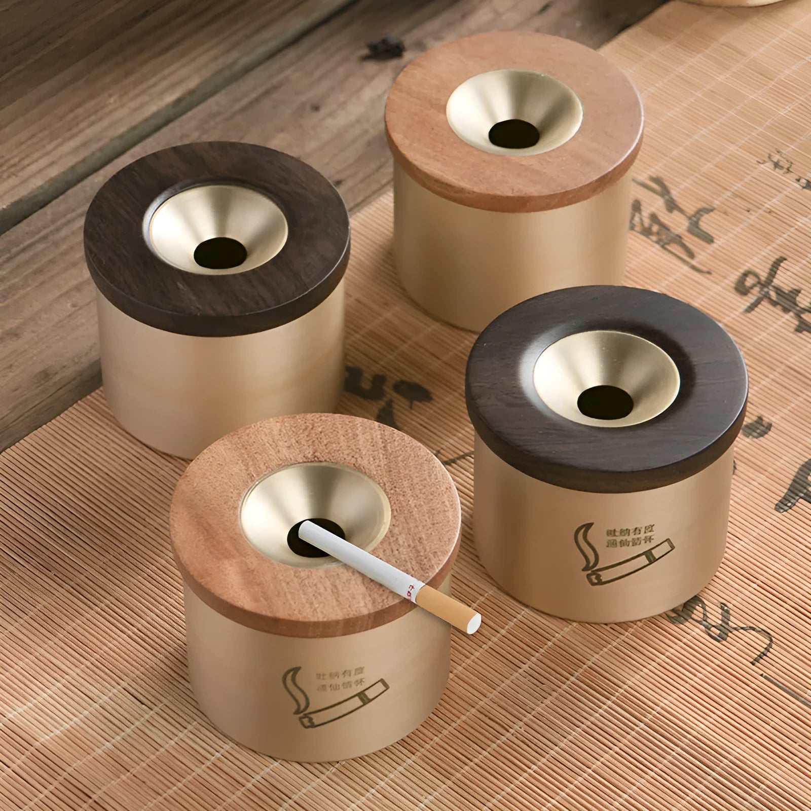 Copper retro ashtray with wooden lid showing central hole for ash collection