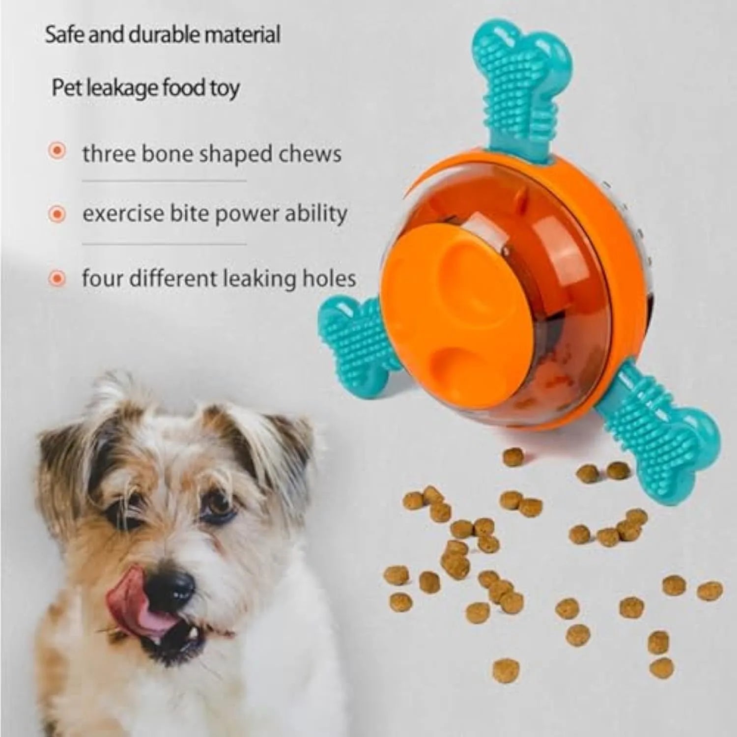 Blue interactive dog chew toy with rubber bones for treat dispensing and slow feeding