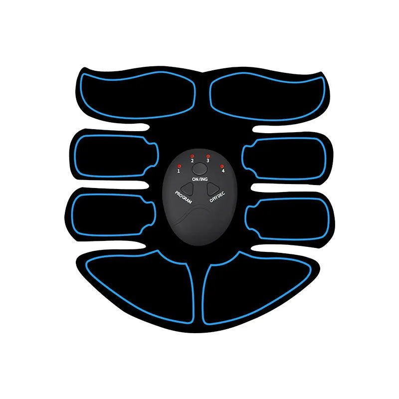 Abdominal muscle electrotherapy patch device with digital display, showing red, blue, and yellow edge colour options.