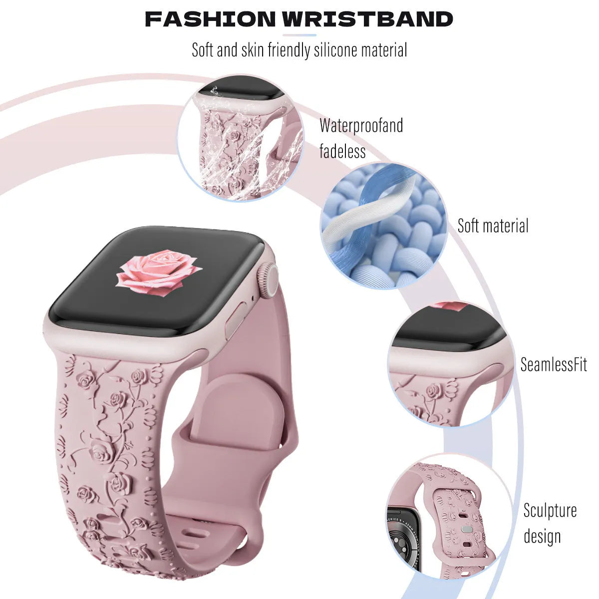 Embossed rose silicone Apple Watch strap in multiple colours for 38/40/41mm and 42/44/45mm case sizes