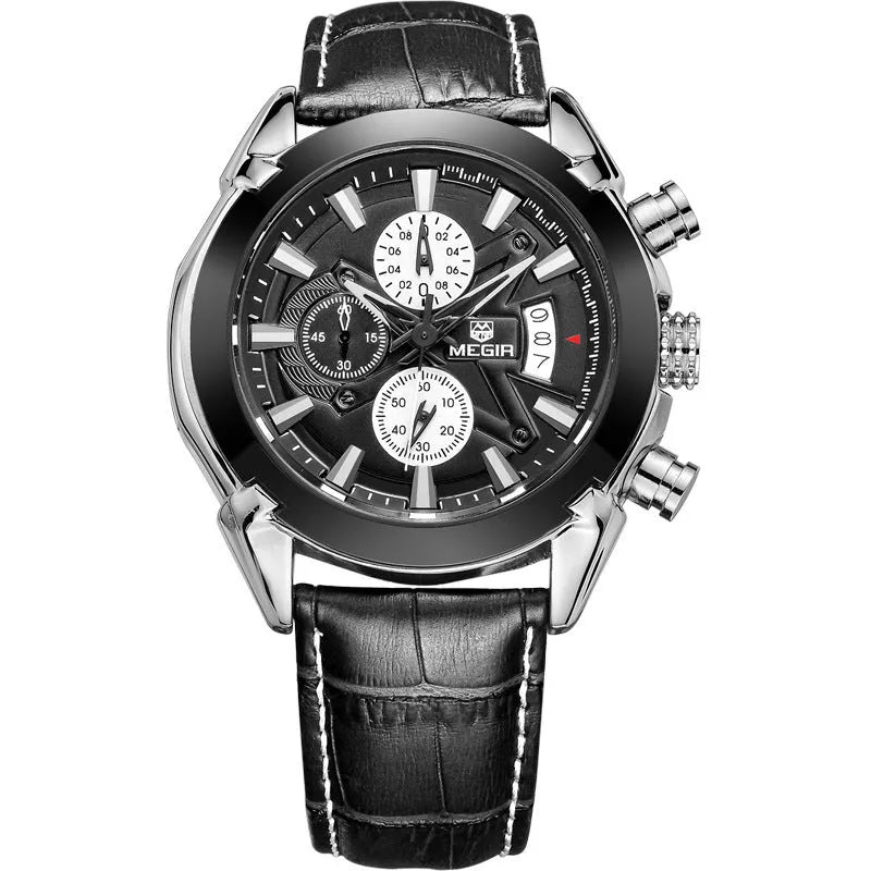Men's brown and white three-eye chronograph quartz watch with luminous hands