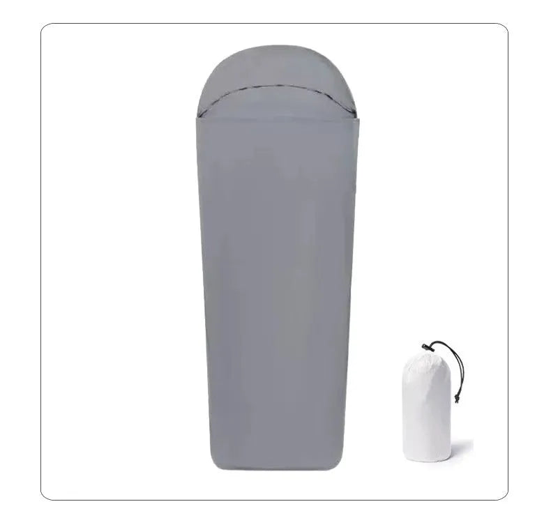 Blue lightweight nylon mummy sleeping bag for adult camping, shown with dimensions 210x80x60cm.