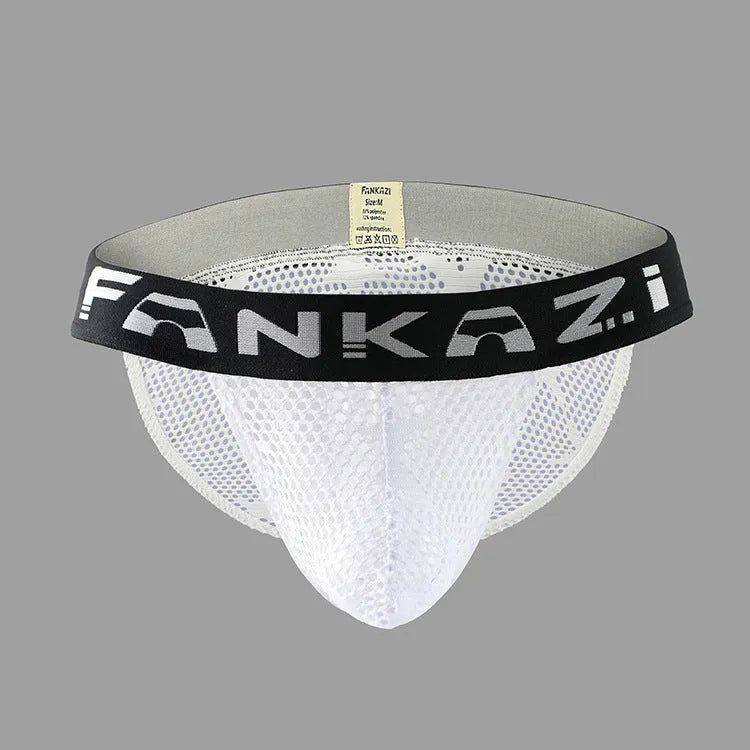 Pair of men's white hollow mesh briefs showing high leg cut and low waistband on a plain background.