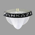 Pair of men's white hollow mesh briefs showing high leg cut and low waistband on a plain background.