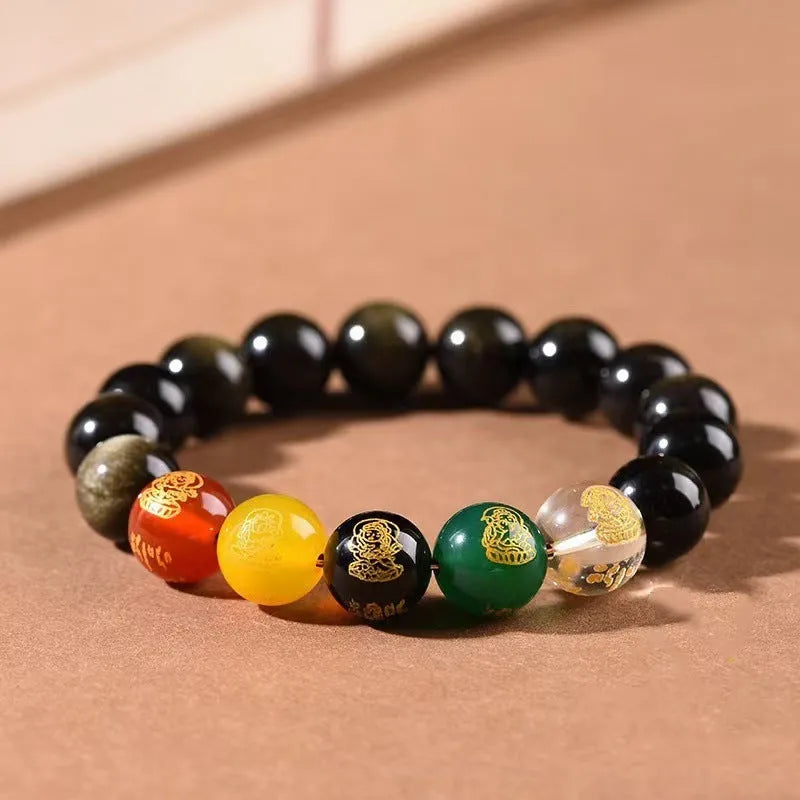 Men's five gods of wealth bracelet with rainbow eye obsidian beads in new Chinese style