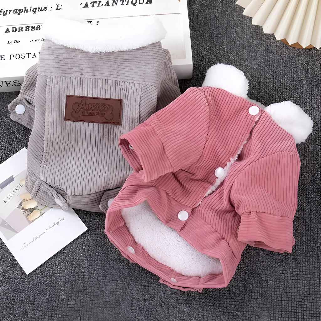 Lambswool-lined dog and cat vest with fleece padding for autumn and winter warmth in grey and pink colours