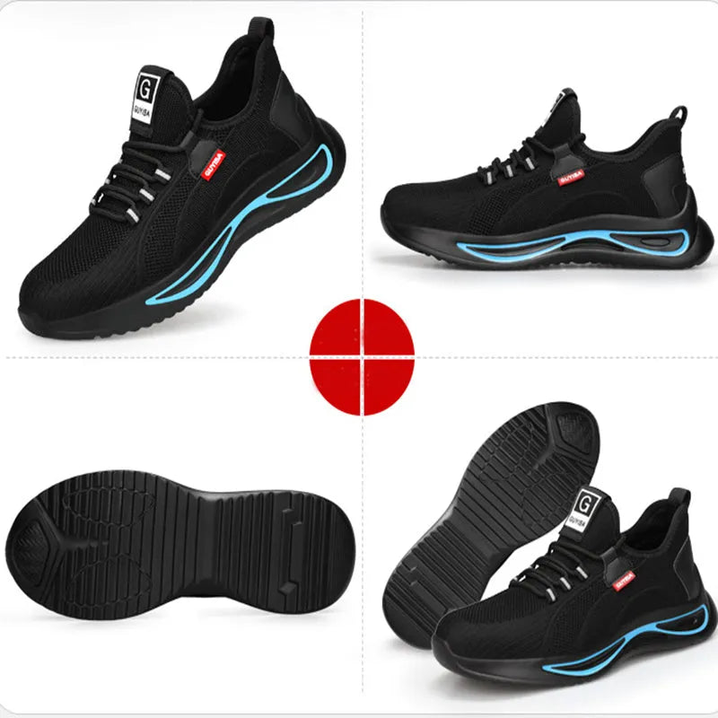 Men steel toe work safety shoes black with blue trim, lace-up low top, fly weave upper and PU sole
