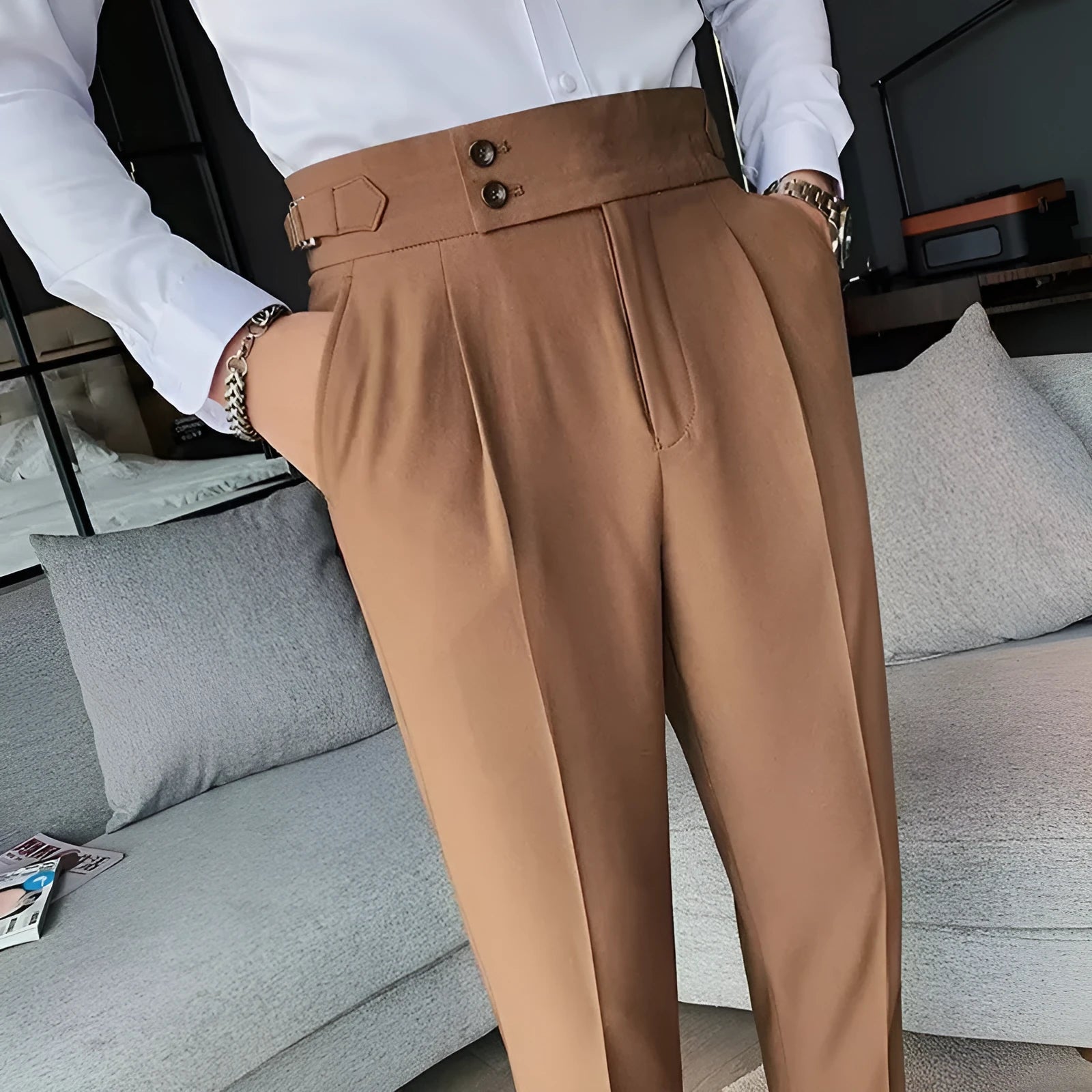 Autumn retro high waist straight leg trousers in black, shown on a model.
