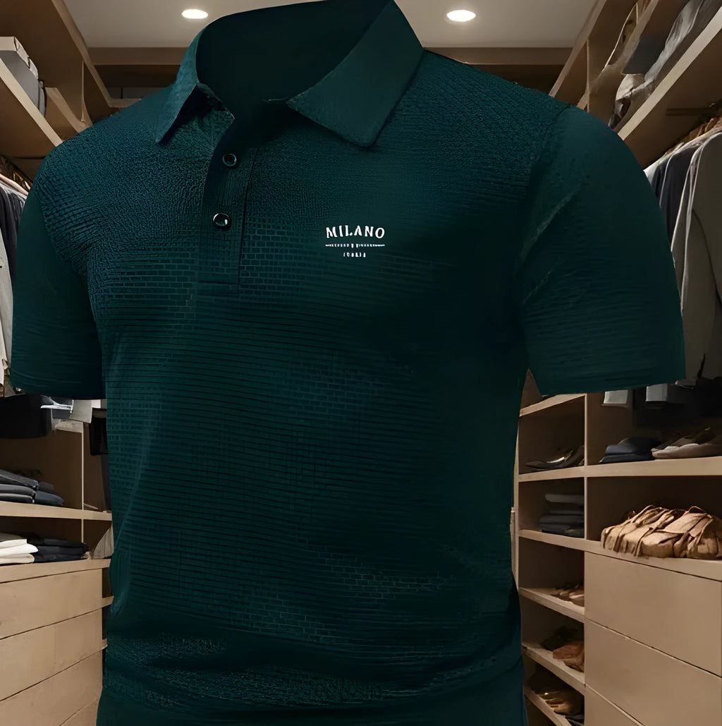 Men's loose fit short-sleeved lapel polo shirt in a solid colour on a hanger
