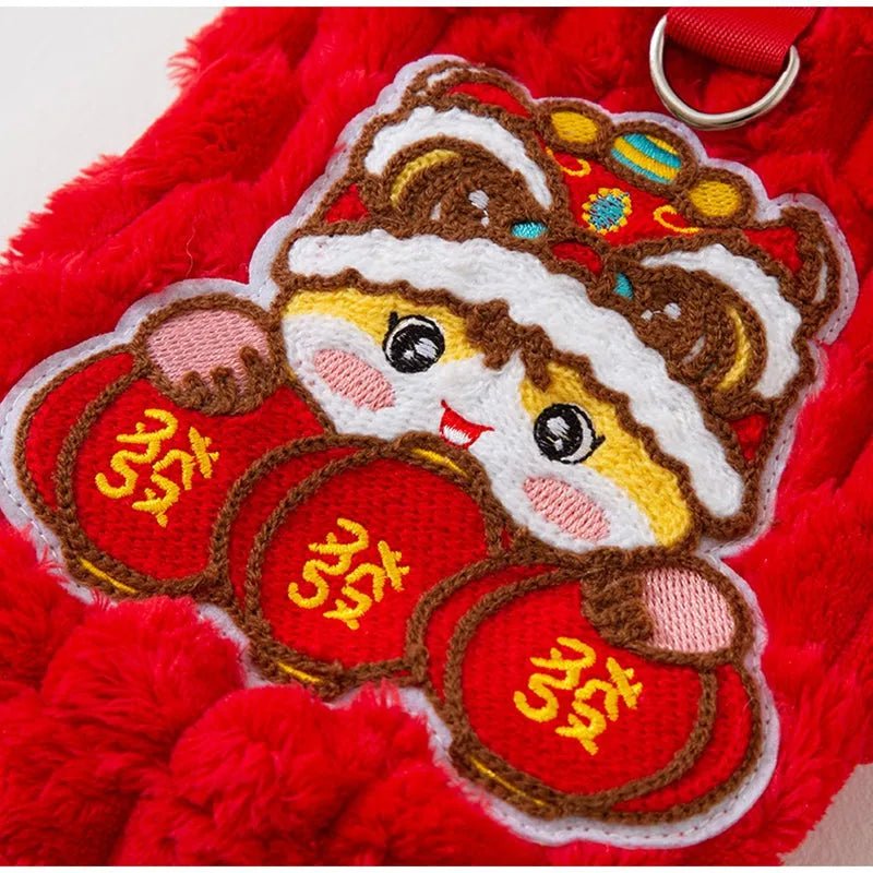 Red Lion Dance Pet Vest with lion dance embroidery and lanterns on small dog