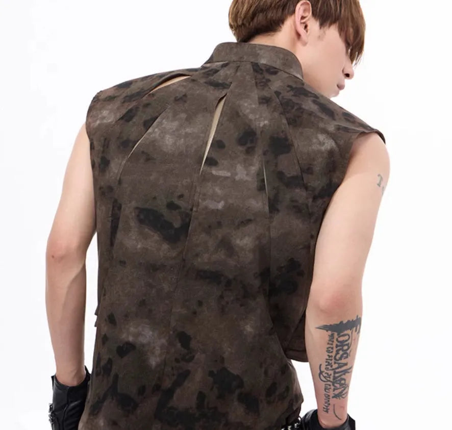 American retro camouflage pattern denim vest and trousers co-ordinated set