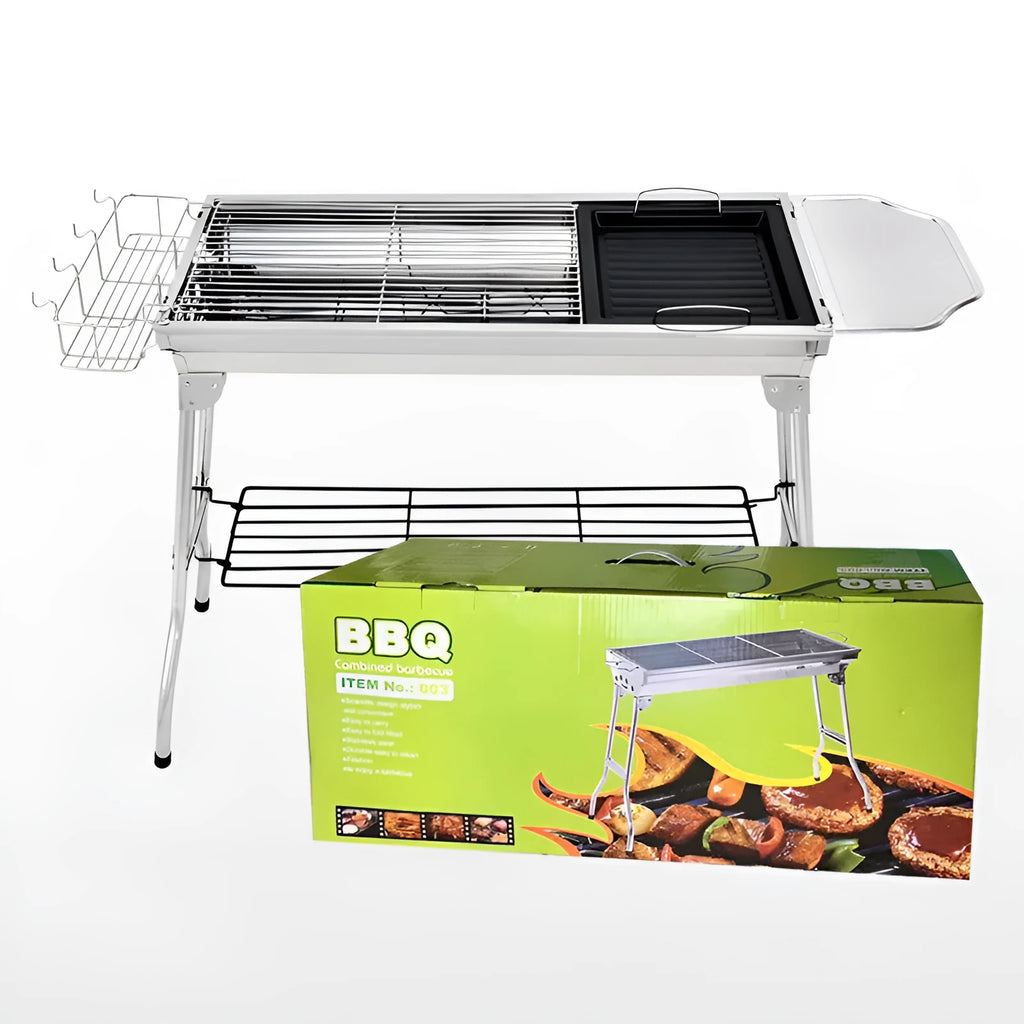 Stainless steel portable folding barbecue oven with large grill area.