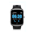 Square-faced silver smartwatch for seniors with a black silicone strap on a wrist, showing a colour screen display.