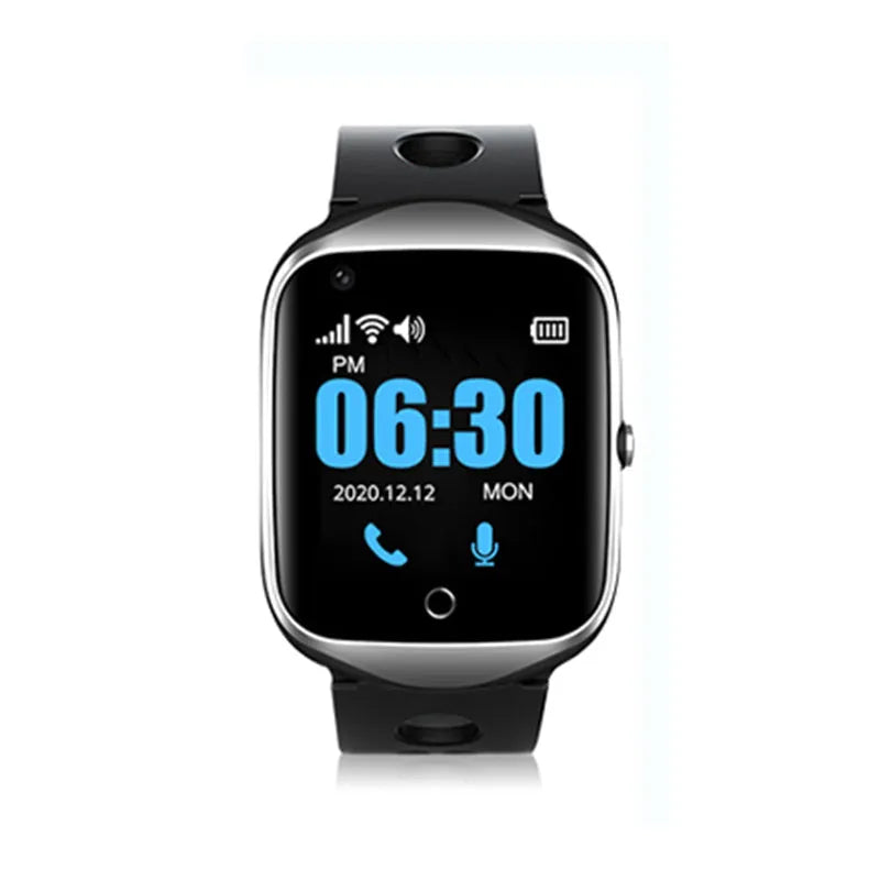 Square-faced silver smartwatch for seniors with a black silicone strap on a wrist, showing a colour screen display.