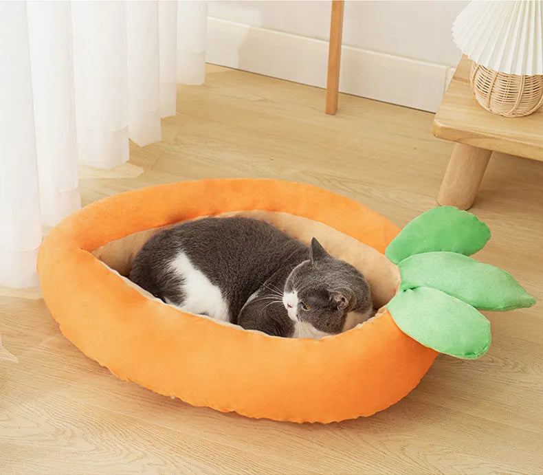 Carrot-shaped nesting dog bed with a blanket, shown in two sizes for small and medium pets.