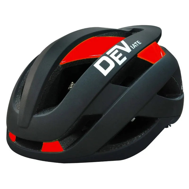 Adult bicycle helmet in matte black with colour accents, showing EPS and PC construction and adjustable fit.