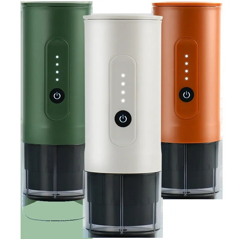 Portable stainless steel coffee machine with car charger compatibility in three colour options