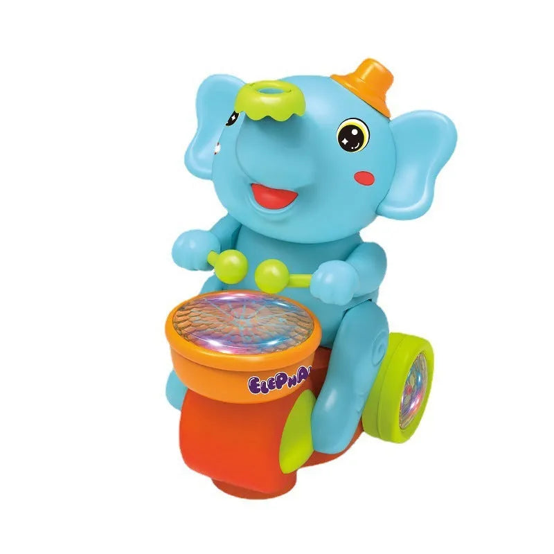 Elephant plastic toy car with music, lights, ball blowing, and obstacle avoidance in blue or yellow