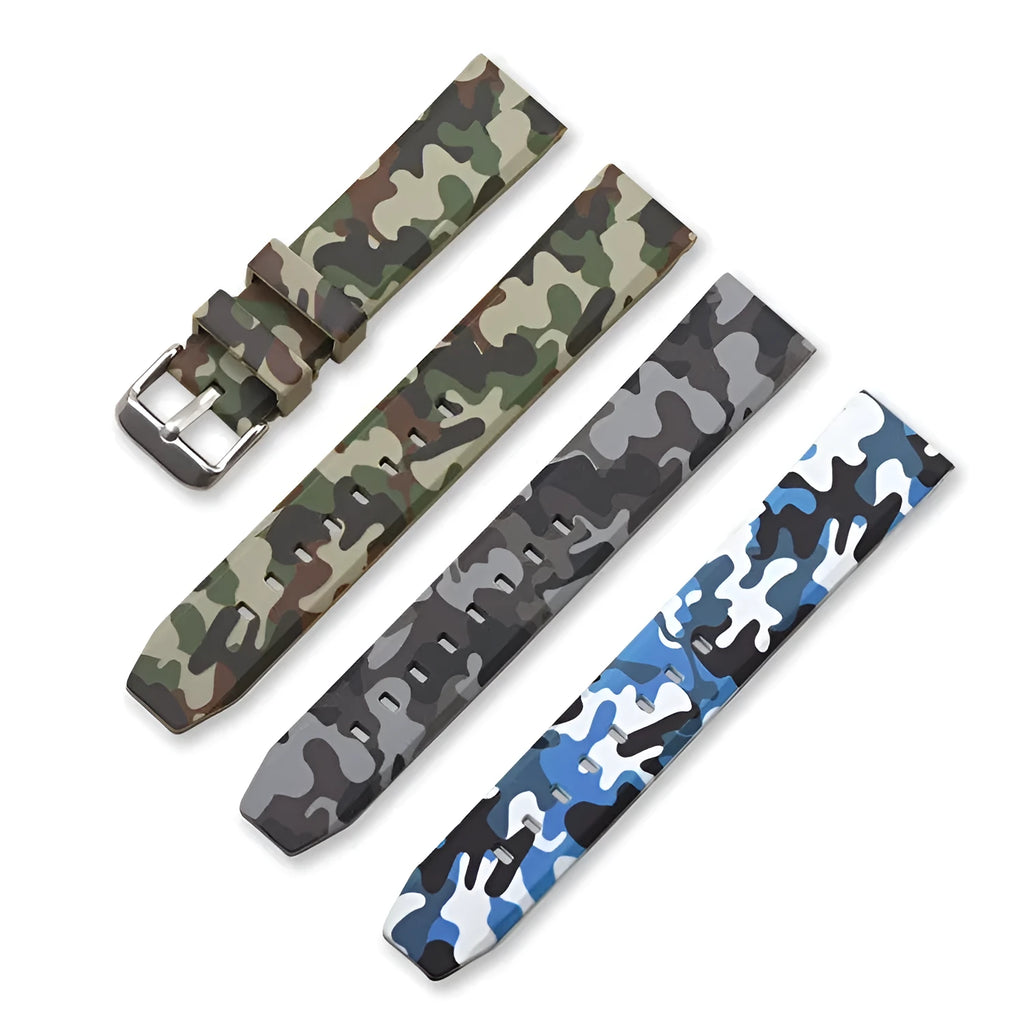 Green, blue, and grey camouflage silicone watch strap showing 20mm, 22mm, and 24mm width options.