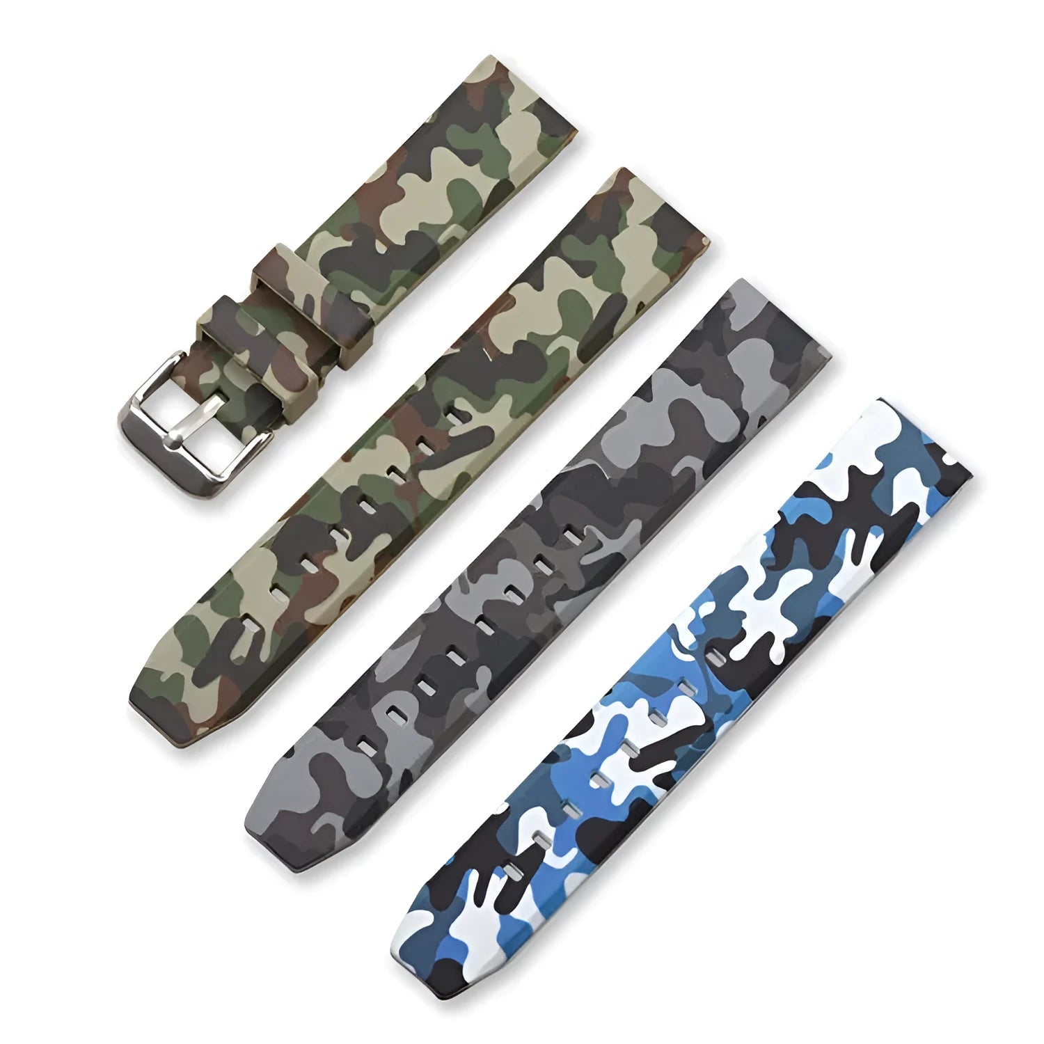 Green, blue, and grey camouflage silicone watch strap showing 20mm, 22mm, and 24mm width options.