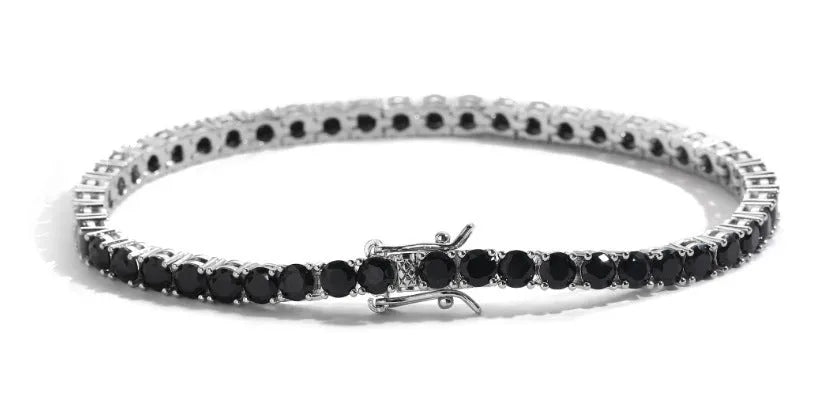 Copper inlaid zircon tennis chain bracelet in gun black, 4mm stones, 8 inch length, unisex hip hop style