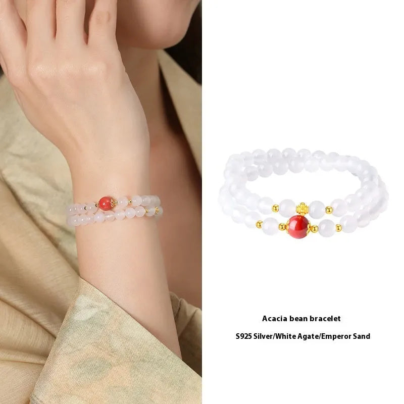 Double layer white agate women's bracelet with geometric 6mm beads and jequirity bean cinnabar details