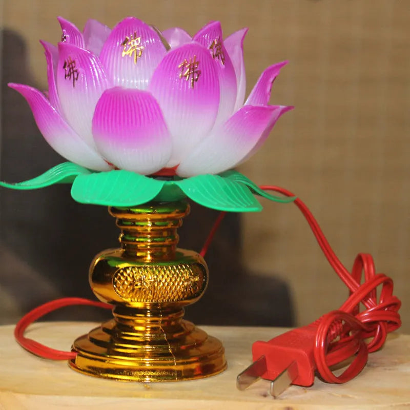Plug-in Buddha lamp with a colourful lotus base light for home worship.