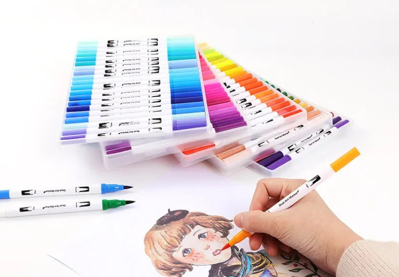 Set of 48 watercolour pens with plastic casings arranged in a case, showcasing a variety of colours for art projects.