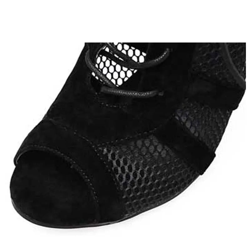 Black suede lace-up high heel women's shoes showing 11.5cm heel height with detailed sizing chart showing millimetre measurements