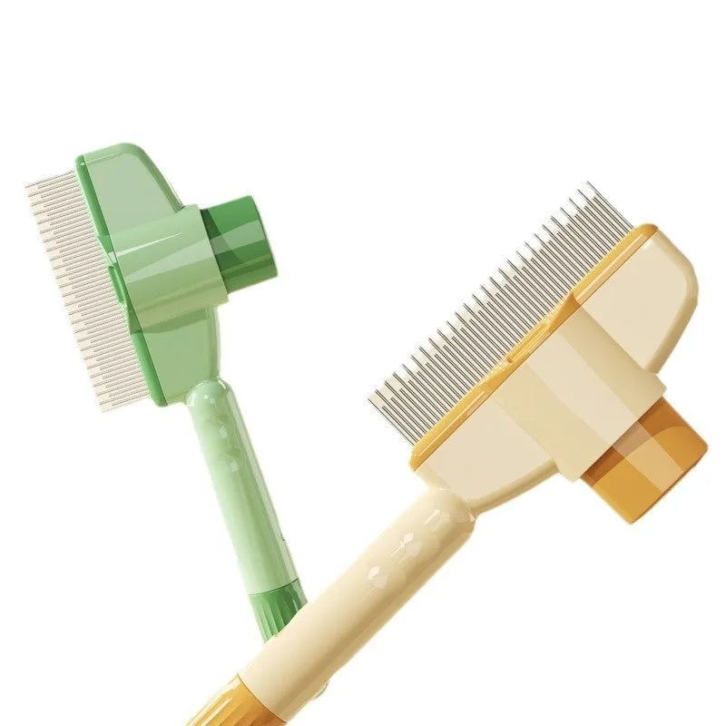 Yellow and green self-cleaning pet grooming comb with stainless steel teeth and release button