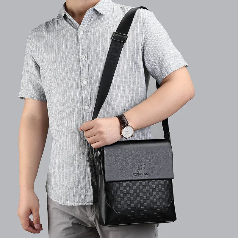 Men's cross-body chessboard vintage PU leather bag in black or dark brown with single strap and zip compartments.